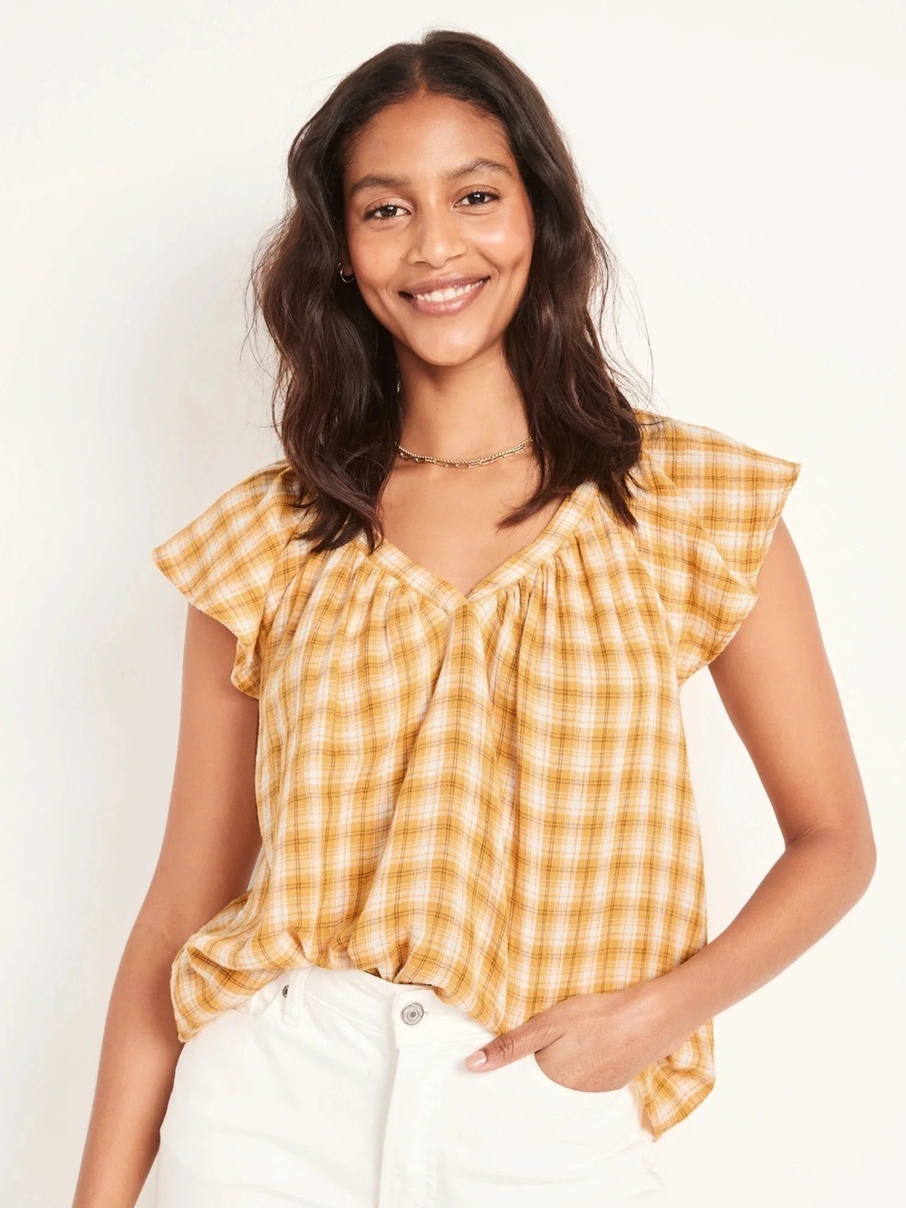 Old Navy Loose Check-Pattern Flutter-Sleeve Top Plaid Cotton Cottagecore Picnic